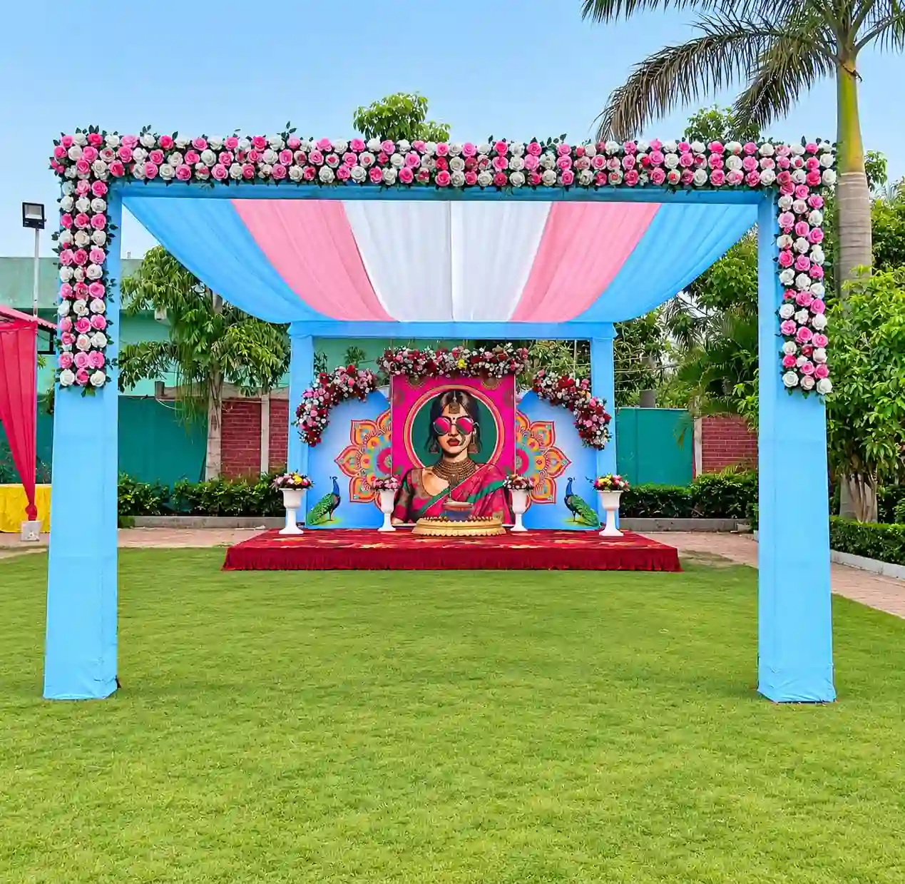 balloon decoration Sky Blue & Pink Floral Haldi Setup With Entrance Decor 